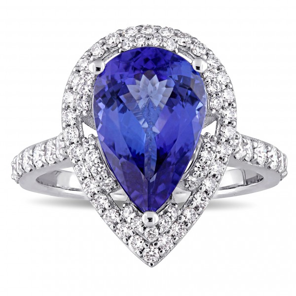 Signature Collection White Gold Pear-Cut Tanzanite 3/4ct TDW Diamond Double Teardrop Halo Engagement Ring - Handcrafted By Name My Rings™
