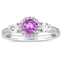 Signature Collection White Gold Pink and White Sapphire 1/8ct TDW Diamond Halo Engagement Ring - Handcrafted By Name My Rings™