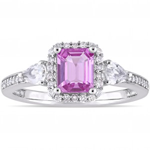 Signature Collection White Gold Pink and White Sapphire with 1/6ct TDW Diamond Halo Engagement Ring - Handcrafted By Name My Rings™
