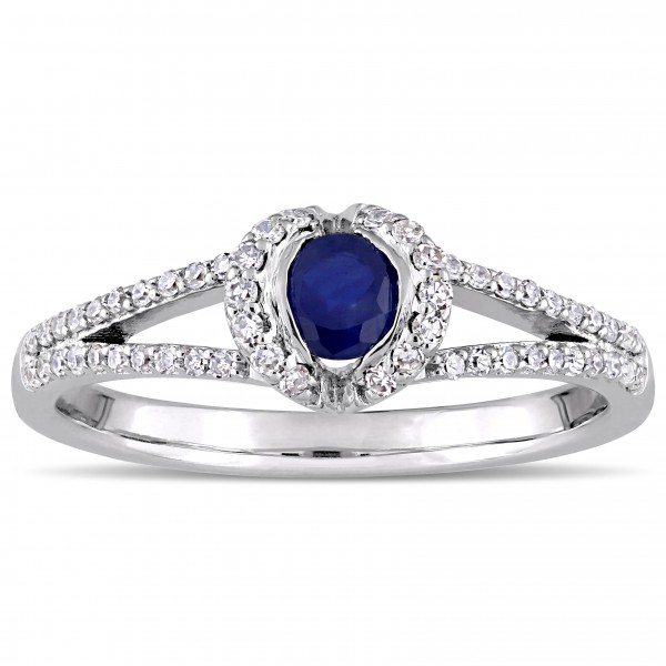 Signature Collection White Gold Sapphire and 1/3ct TDW Diamond Split Shank Halo Engagement Ring - Handcrafted By Name My Rings™