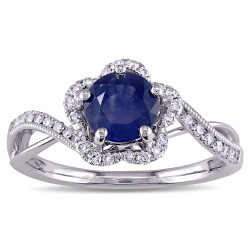 Signature Collection White Gold Sapphire and 1/4ct TDW Diamond Flower Engagement Ring - Handcrafted By Name My Rings™
