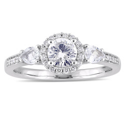 Signature Collection White Gold White Sapphire and 1/8ct TDW Diamond Halo Engagement Ring - Handcrafted By Name My Rings™