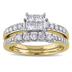 Signature Collection Gold 1ct TDW Princess-cut, Round and Parallel Baguette Diamond Bridal Set - Handcrafted By Name My Rings™