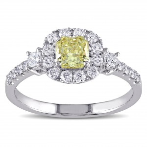 Signature Collection White Gold 1ct TDW Radiant-Cut Yellow and White Diamond Halo Engagement Ring - Handcrafted By Name My Rings™