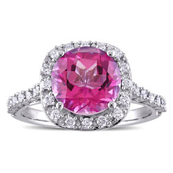 Signature Collection Pink Topaz and 1/4ct TDW Diamond Halo Engagement Ring in White Gold - Handcrafted By Name My Rings™