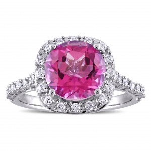 Signature Collection Pink Topaz and 1/4ct TDW Diamond Halo Engagement Ring in White Gold - Handcrafted By Name My Rings™