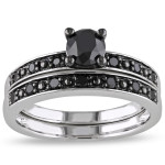 Silver and Black Rhodium-plated 1 CT Black Diamond TW Bridal Set Ring - Handcrafted By Name My Rings™