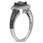Sterling Silver 1 1/2ct TDW Princess and Round-cut Black and White Diamond Halo Split Shank Engagement Ring - Handcrafted By Name My Rings™