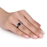Sterling Silver 1 1/2ct TDW Princess and Round-cut Black and White Diamond Halo Split Shank Engagement Ring - Handcrafted By Name My Rings™
