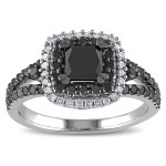 Sterling Silver 1 1/2ct TDW Princess and Round-cut Black and White Diamond Halo Split Shank Engagement Ring - Handcrafted By Name My Rings™