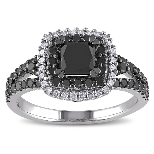 Sterling Silver 1 1/2ct TDW Princess and Round-cut Black and White Diamond Halo Split Shank Engagement Ring - Handcrafted By Name My Rings™