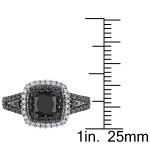 Sterling Silver 1 1/2ct TDW Princess and Round-cut Black and White Diamond Halo Split Shank Engagement Ring - Handcrafted By Name My Rings™