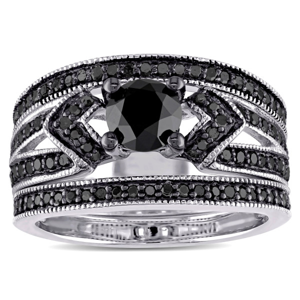 Sterling Silver 1 1/4ct TDW Black Diamond Split Shank 3-Piece Bridal Set - Handcrafted By Name My Rings™
