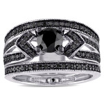 Sterling Silver 1 1/4ct TDW Black Diamond Split Shank 3-Piece Bridal Set - Handcrafted By Name My Rings™