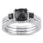 Sterling Silver 1 3/4ct TDW Cushion-cut Black and White Diamond Halo Bridal Ring Set - Handcrafted By Name My Rings™