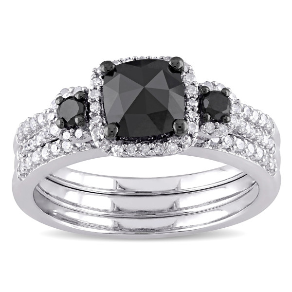 Sterling Silver 1 3/4ct TDW Cushion-cut Black and White Diamond Halo Bridal Ring Set - Handcrafted By Name My Rings™