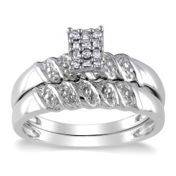 Sterling Silver 1/10ct TDW Baguette and Round-cut Diamond Cluster Bridal Ring Set - Handcrafted By Name My Rings™