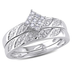 Sterling Silver 1/10ct TDW Diamond Cluster Engagement Ring Wedding Band Set - Handcrafted By Name My Rings™