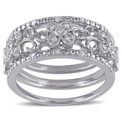 Sterling Silver 1/10ct TDW Diamond Filigree Vintage Band 3-Piece Set - Handcrafted By Name My Rings™