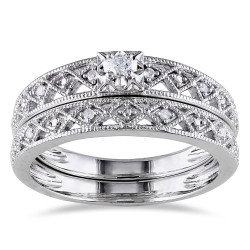 Sterling Silver 1/10ct TDW Vintage Diamond Filigree Bridal Ring Set - Handcrafted By Name My Rings™