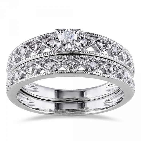Sterling Silver 1/10ct TDW Vintage Diamond Filigree Bridal Ring Set - Handcrafted By Name My Rings™