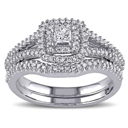Sterling Silver 1/2ct TDW Princess and Round-cut Diamond Halo Bridal Ring Set - Handcrafted By Name My Rings™