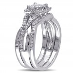 Sterling Silver 1/2ct TDW Princess-cut Quad White Diamond Interlaced Halo 3-piece Bridal Ring Set - Handcrafted By Name My Rings™
