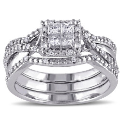 Sterling Silver 1/2ct TDW Princess-cut Quad White Diamond Interlaced Halo 3-piece Bridal Ring Set - Handcrafted By Name My Rings™