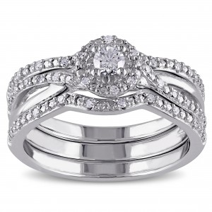Sterling Silver 1/3ct TDW Diamond Halo Bridal Ring Set - Handcrafted By Name My Rings™