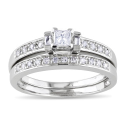 Sterling Silver 1/3ct TDW Princess, Baguette and Round-cut Diamond Bridal Ring Set - Handcrafted By Name My Rings™