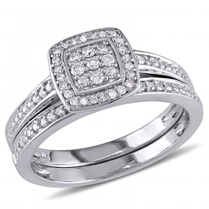 Sterling Silver 1/4ct TDW Diamond Halo Cluster Bridal Ring Set - Handcrafted By Name My Rings™