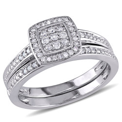 Sterling Silver 1/4ct TDW Diamond Halo Cluster Bridal Ring Set - Handcrafted By Name My Rings™