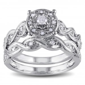 Sterling Silver 1/5ct TDW Diamond Infinity Filigree Vintage Halo Bridal Ring Set - Handcrafted By Name My Rings™