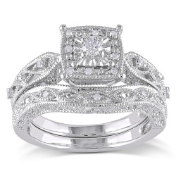 Sterling Silver 1/5ct TDW Diamond Milgrain Bridal Ring Set - Handcrafted By Name My Rings™