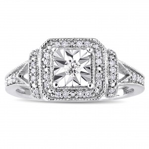 Sterling Silver 1/5ct TDW Diamond Square Halo Engagement Ring - Handcrafted By Name My Rings™