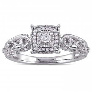Sterling Silver 1/5ct TDW Diamond Vintage Halo Engagement Ring - Handcrafted By Name My Rings™