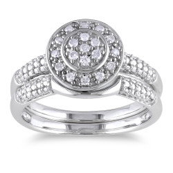 Sterling Silver 1/6ct TDW Diamond Bridal Halo Ring Set - Handcrafted By Name My Rings™