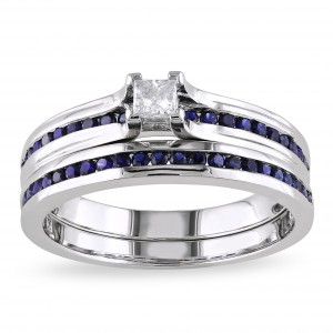 Sterling Silver 1/6ct TDW Princess-cut Diamond and Sapphire Engagement Wedding Band Ring Set - Handcrafted By Name My Rings™