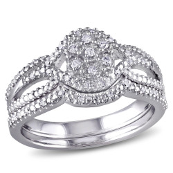 Sterling Silver 1/7ct TDW Diamond Cluster Split Shank Bridal Ring Set - Handcrafted By Name My Rings™