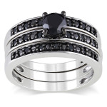 Sterling Silver 1ct TDW Black Diamond Stackable 3-piece Engagement Bridal Ring Set - Handcrafted By Name My Rings™