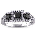 Sterling Silver 1ct TDW Black and White Diamond 3-stone Ring - Handcrafted By Name My Rings™