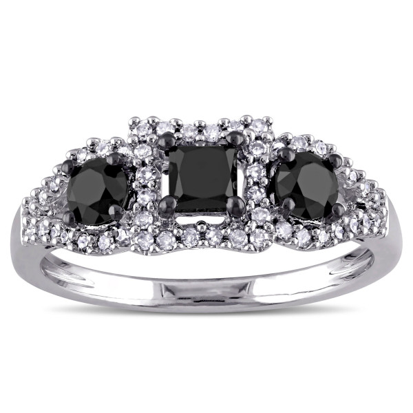 Sterling Silver 1ct TDW Black and White Diamond 3-stone Ring - Handcrafted By Name My Rings™