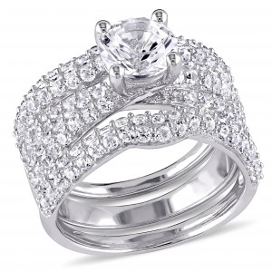 Sterling Silver Created White Sapphire 3-Piece Bridal Set - Handcrafted By Name My Rings™
