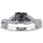 Sterling Silver Created White Sapphire 3/5ct TDW Black Diamond Crossover Heart Ring - Handcrafted By Name My Rings™