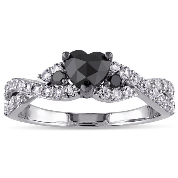 Sterling Silver Created White Sapphire 3/5ct TDW Black Diamond Crossover Heart Ring - Handcrafted By Name My Rings™