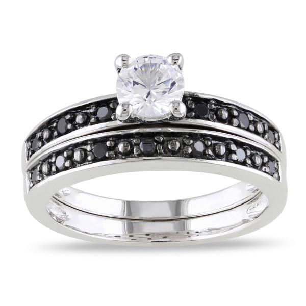 Sterling Silver Created White Sapphire and 1/5ct TDW Black Diamond Bridal Ring Set - Handcrafted By Name My Rings™