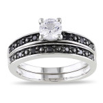 Sterling Silver Created White Sapphire and 1/5ct TDW Black Diamond Bridal Ring Set - Handcrafted By Name My Rings™