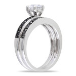 Sterling Silver Created White Sapphire and 1/5ct TDW Black Diamond Bridal Ring Set - Handcrafted By Name My Rings™