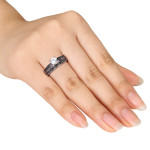 Sterling Silver Created White Sapphire and 1/5ct TDW Black Diamond Bridal Ring Set - Handcrafted By Name My Rings™