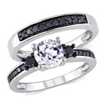 Sterling Silver Created White Sapphire and 2/ 5ct TDW Black Diamond Bridal Ring Set - Handcrafted By Name My Rings™